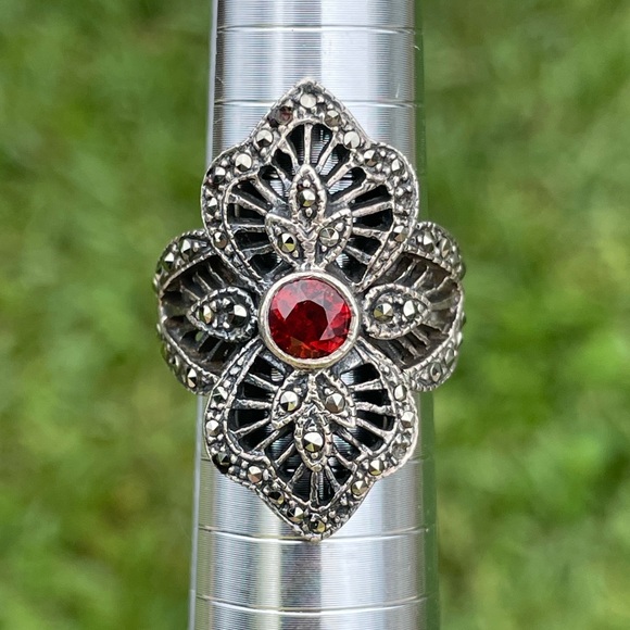 Jewelry - Garnet and Marcasite 925 Silver Ring Size 6.75